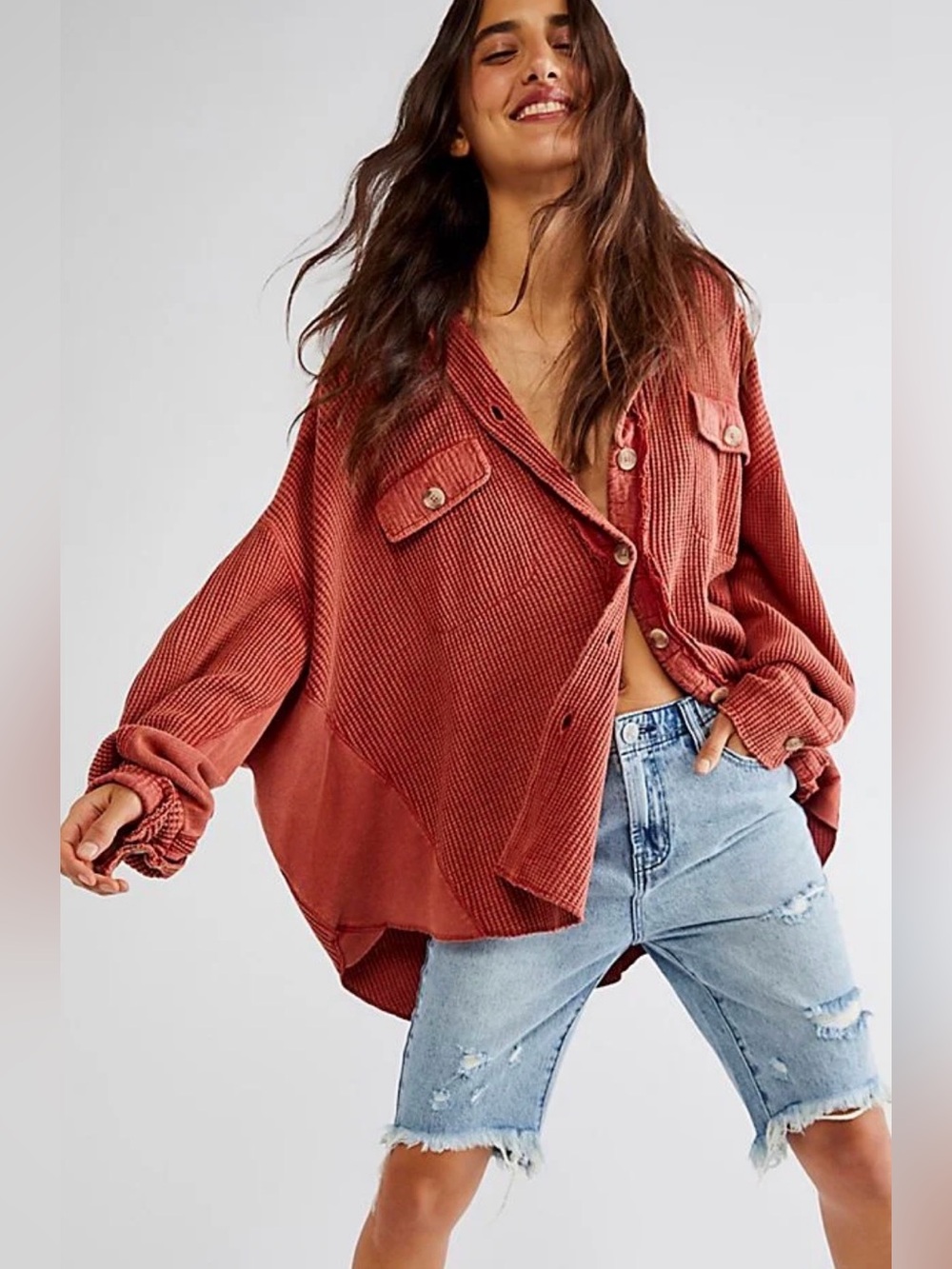 FP one Red Oversized Button-Front Scout Shacket